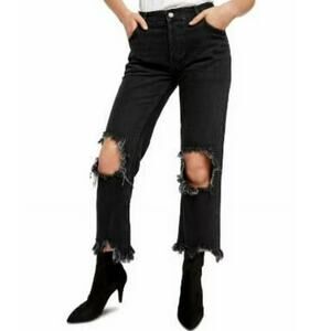 We The Free Womens Denim Crop Distressed Jeans Raw Hem High Rise Black 25